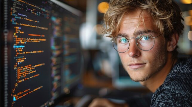 handsome male programmer working on code on his screen