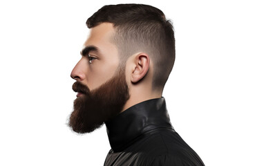 Fototapeta premium A bearded man in a leather jacket stands confidently