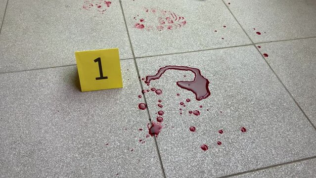 Hand of criminologist in black gloves places sign with number of evidence at crime scene near traces of blood on floor