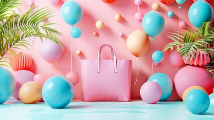 A pink bag with a bunch of balloons and plants, AI - 772165710