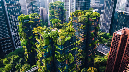 An aerial view of modern high-rise buildings covered in lush greenery amidst the urban cityscape. - obrazy, fototapety, plakaty