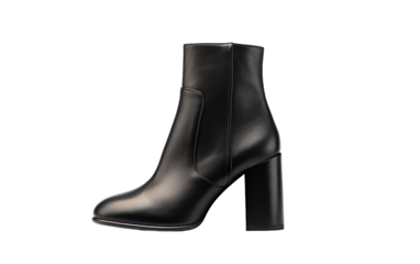 A pair of sleek black ankle high boots worn by a mysterious woman standing in the shadows