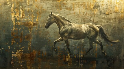 Artistic background with golden color brushstrokes on textured background. Oil on canvas. Modern Art. Horses, green, gray, wallpaper, posters, cards, murals, carpets, hangings, prints, etc