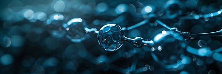 Abstract 3D rendering of a molecular structure illuminated by blue lights on a dark background - obrazy, fototapety, plakaty