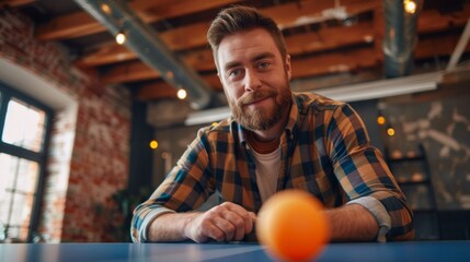 A man sitting at a ping pong table with an orange ball, AI