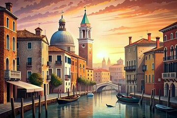 Venice Canal Sunset Gondolas Architecture Serenity Water Reflections Historic Buildings - obrazy, fototapety, plakaty