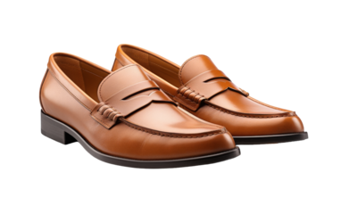Brown shoes with black soles resting on a white background