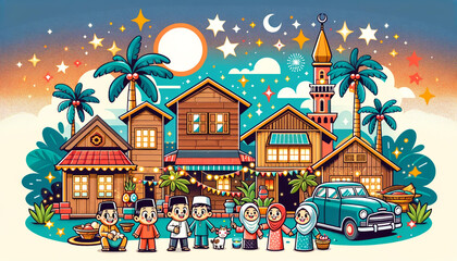 Hari Raya Aidilfitri illustration with muslim family character and traditional malay village house or kampung - obrazy, fototapety, plakaty