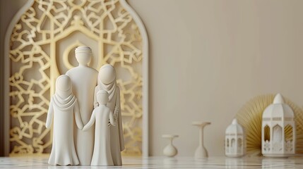 Fototapeta na wymiar 3D Muslim family decor with Ramadan decor with a simple background