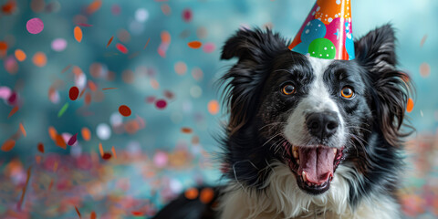 A cute border collie wearing a birthday hat, celebrating his first year with confetti and party decorations. The background is blurred to highlight the dog's expression of joy and excitement.  - obrazy, fototapety, plakaty
