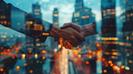 Two Businessmen Celebrate Successful Negotiation with Handshake, Symbolizing Partnership and Teamwork in Business Deal - obrazy, fototapety, plakaty