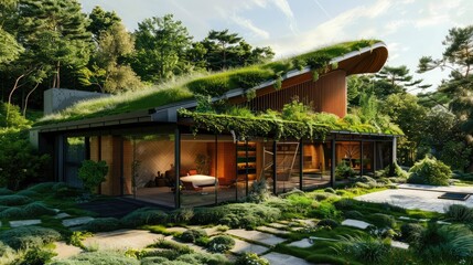 An eco-friendly home design with green roofing and natural ventilation, showcasing sustainable...