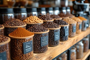 Gourmet Coffee Beans A coffee shop or store showcasing a variety of gourmet coffee beans