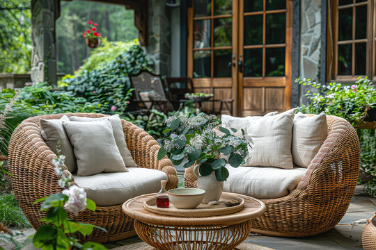 A photo of an outdoor garden patio with lush green plants and trees, featuring comfortable seating arrangements like cushions on the sofa and soft pillows for reading or relaxing. Created with Ai