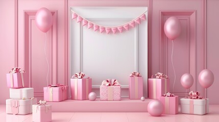 A pink room with a lot of presents and balloons, AI - 772169364