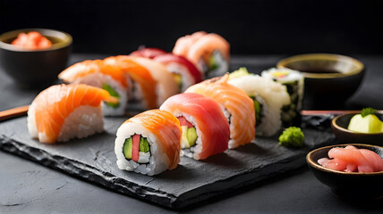 Set of sushi rolls and nigiri served on black stone slate.