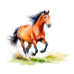 Obraz premium Horse trotting in pasture, horse running in field, watercolor illustration, wild animal, clipart for designing, posters, t-shirt design, animal lover, wall arts, cutout on white background, farm