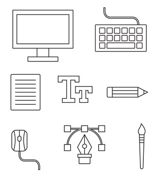Personal computer devices and digital art symbols- vector outline icons set