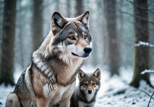 A female wolf with her young cub in snow covered forest.
