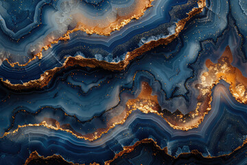 Top down close up of a stunning dark blue and gold agate surface in the style of nature. Created with Ai - obrazy, fototapety, plakaty