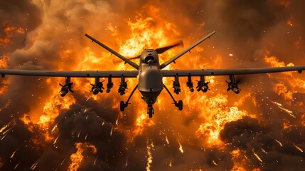 A large airplane flying through a fiery sky with many explosions, AI