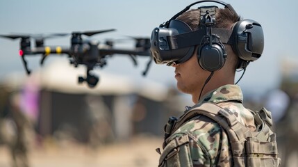 Fototapeta premium A man in military uniform with headphones and goggles looking at a drone, AI