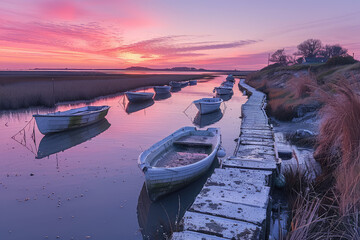 Beautiful view of the British marshes at dawn, boats on their own wooden dock in the pink sky. Created with Ai