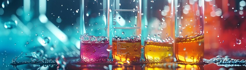 Capture the wonder of science with a low-angle shot showcasing vibrant chemical reactions in action Emphasize the dynamic essence of experiments to engage viewers effectively - obrazy, fototapety, plakaty