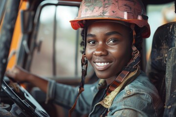 Photo portrait of young beautiful woman in helmet and workwear working as forklift driver, truck, construction machinery. Gender equality, men's work for women, weaker sex, work at construction site