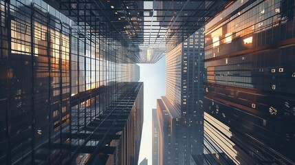 Captivating Urban Landscape: Reflective Skyscrapers on a Sunny Day - Business Office Buildings in Modern Cityscape - obrazy, fototapety, plakaty