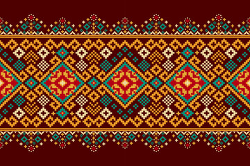 Pixel art patterns folk traditional black background, geometric ethnic seamless pattern vector illustration Design for Cross stitch Carpet Wallpaper Clothing Texti Fabric Wrapping Batik Embroidery