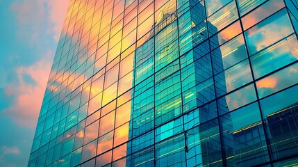 Urban Skyline: Reflective Skyscraper Business Offices, Modern Cityscape from Below. AI-Generated Image. - obrazy, fototapety, plakaty