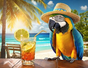 Blue and yellow macaw with a hat and colorful drink on a tropical holiday at a beach resort