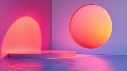 A round mirror in a room with bright light and pink walls, AI - 772172156