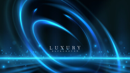 Blue neon abstract light swirls on a dark background with bokeh effect decorations.