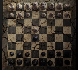 Tablero de ajedrez con piezas colocadas lleno de grietas