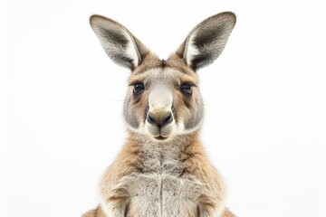 Majestic kangaroo standing confidently in front of a white background, gazing directly at the camera