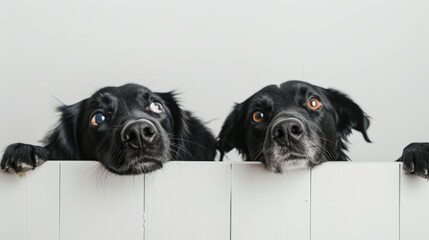 two adorable happy dogs peeking over a pure white fence - obrazy, fototapety, plakaty
