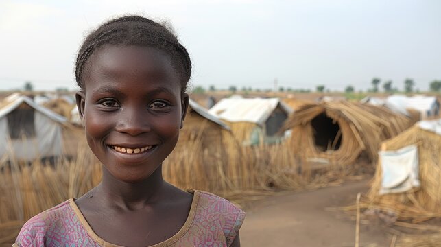 An African child experiencing happiness in poverty or a teenage girl smiling and having fun as she returns home to the countryside and wears a traditional sleeveless top while walking in a dry field.