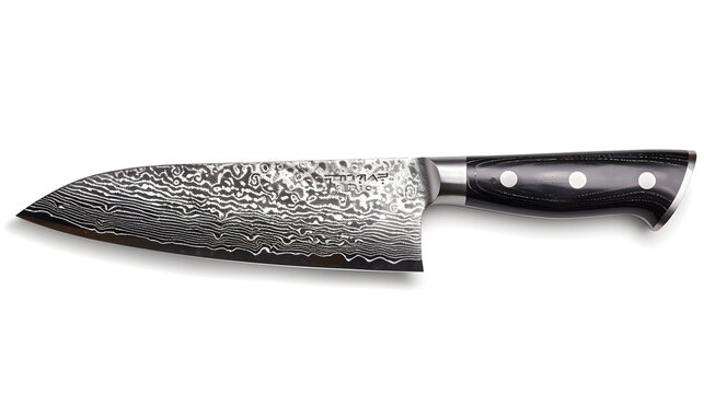 A knife with a wooden handle and a silver Damascus blade isolated over a white background