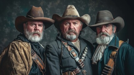 Fototapeta premium Three men in cowboy hats and suits standing next to each other, AI