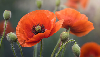 Close up of red poppy flower blossom. Wildflower  meadow. Flora and nature summer background.