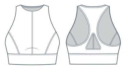 Sports Bra technical fashion illustration. Crop Top fashion flat technical drawing template, cutouts, slim fit, front and back view, white, women Activewear CAD mockup. - obrazy, fototapety, plakaty