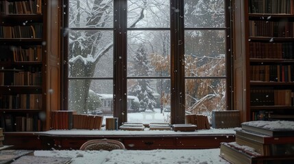 Atmosphere in the library On the marble counter lay hardcover books. Looking out the window at the winter atmosphere snow falling