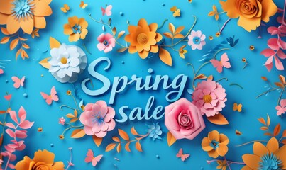 Fototapeta na wymiar 3d paper cut spring flowers background. Spring sale banner. Beautiful calligraphy lettering.