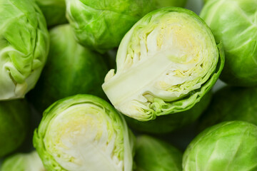 Brussels sprouts background close up, top view