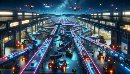 Fototapeta na wymiar Futuristic Imagination, Modern Logistics Station, Automated Systems 