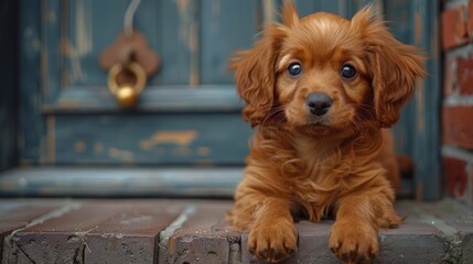 Portrait of a small red puppy lying on the floor with sad eyes. Concept of psychology and depression of abandoned and unwanted pets. Shelter for lost or rescued dogs.