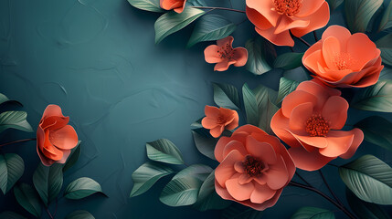 Bouquet of red flowers with green leaves on navy blue backdrop - obrazy, fototapety, plakaty