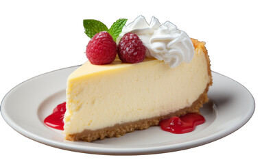 A luxurious slice of cheesecake adorned with fresh, juicy raspberries